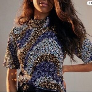 Maeve by Anthropologie Sequin Short-Sleeve Top (S)